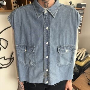 Vintage 90s Big Mac Denim Cropped Sleeveless Button Down Work Shirt ~ Size XL